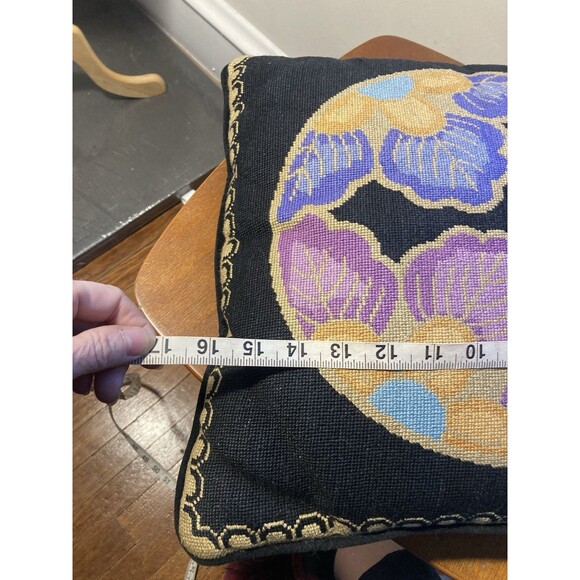 Vintage Needlepoint Pillow In Collectible Pillows for sale  Vintage Needlepoint Pillow Art Deco Flowers Floral Black Velvet Scalloped